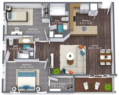 Floor plan for 2 beds, 2 baths, 1000 sqft